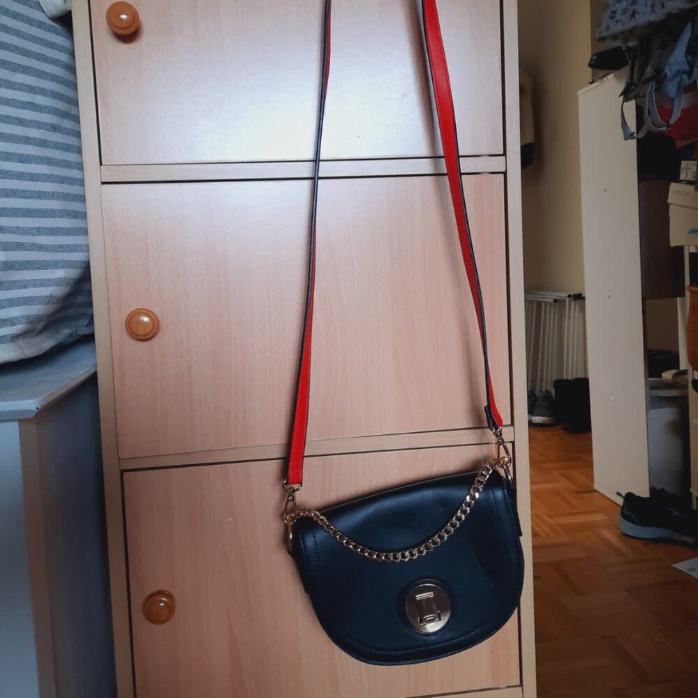 Forever 21 Black Crossbody Bag with red strap and gold chain
